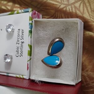Blue and Silver Asymmetrical Earrings with Clear Stones